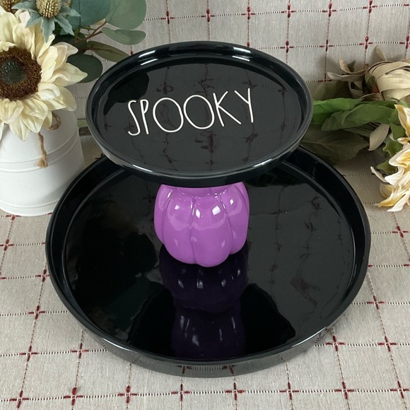 Rae Dunn Artisan Collection Spooky 2 Tiered Server Black Trays Purple Pumpkins